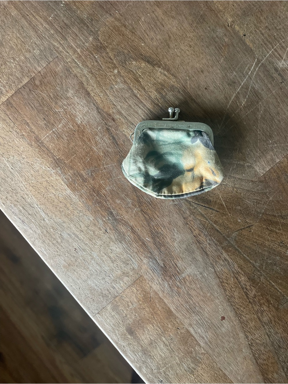 VINTAGE Green & Tan Floral Kiss-Lock Coin Purse